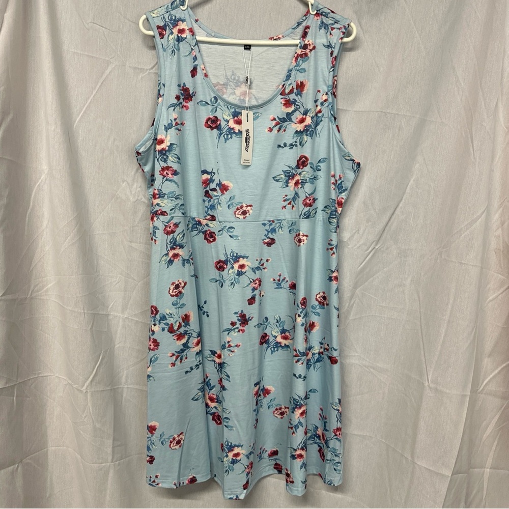 Floral Midi Dress - Light Blue and Red